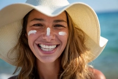 Woman applying sunscreen to her face