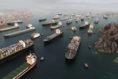 Image Cargo vessels congestion blocking maritime traffic in the Strait of Hormuz.