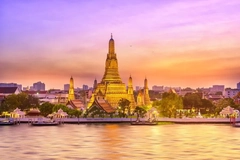 Image Bangkok, Thailand, with the temple by the river at sunset.