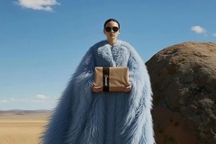 A person in a fur coat holding a box