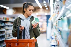Image Young woman reads product label while buying diary product in supermarket.