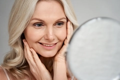 An older woman looking in the mirror.