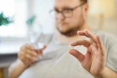 Image An obese man gets ready to take a pill.