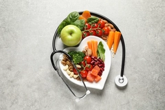 Image heart-shaped plate of products for heart-healthy diet