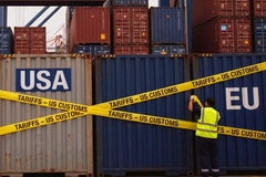 Image Containers in a shipment yard with yellow tape