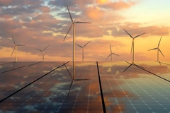 Image renewable energy solar panels and windmills