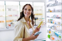 Image Happy female customer choosing product at pharmacy,