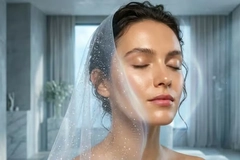 A woman with her eyes closed and sparkly veil over her head.