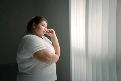 Image obese woman looking out the window