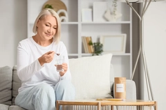 Image Mature woman taking collagen on sofa at home