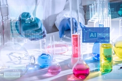 Colorful liquids in test tubes in lab with scientist's hands in blue gloves