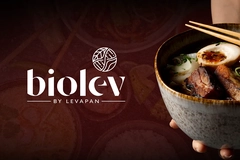 Image featuring ramen soup and Biolev company logo on a brown background