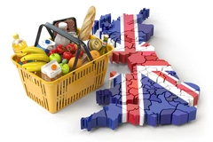 Shopping basket with foods on the map of UK Great Britain