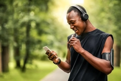 man wearing headphones, eats chocolate bar, in outdoor environment