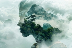 Image double exposure photo of nature and womans side profile