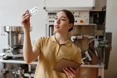 Image woman looks at blister pack