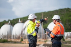 Engineer industrial facility petrochemical or gas energy site focused balance between industrial development and environmental preservation
