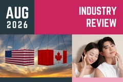  US and Canadian flag shipping containers against a sunset sky, and two models with glowing skin