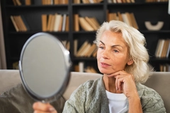Image Older woman looking at herself in the mirror.