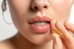 Image A woman holing a pill next to her mouth.