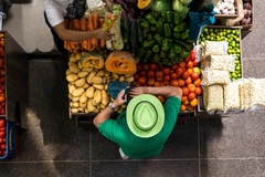 vibrant fresh fruit and veg arial shot of market