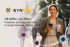 Smiling woman holding a phone and coffee beside SYNMUE branding promoting a probiotic that activates NK cells to target immune ageing.