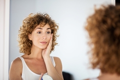 Person applying face cream in mirror.