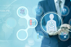 digital human microbiome health technology illustrations over a person wearing a suit