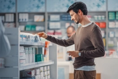 Customer Chooses to Buy Medicine, Supplements, and Vitamins, in pharmacy