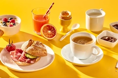 Image coffee, drinks, sandwich on yellow background