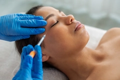 A woman getting an injection into her face.