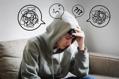 boy in hoodie looking sad with confused messed up thoughts bubble line art icon 