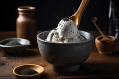 Image Black sesame ice cream scooped into ceramic bowl sprinkled sesame seeds.