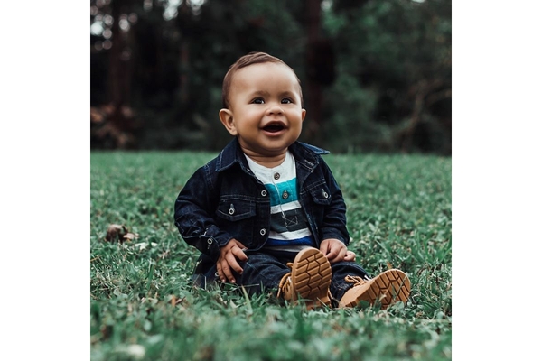 Image Laughing baby sitting in the grass.