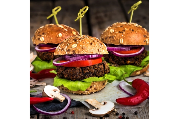 Plant-based burgers on buns.
