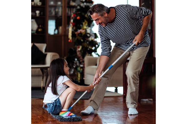 Image Father Cleaning House Playing with Daughter