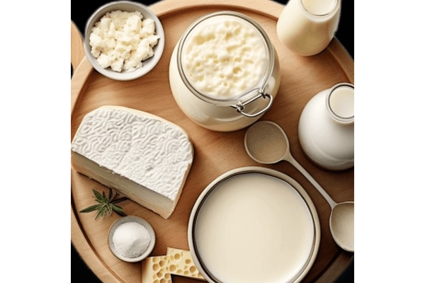Different kinds of milk and cheese are spread out on a plate.