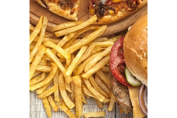 French fries are placed next to hamburgers.