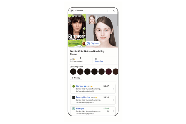 Image of mobile screen looking at the option to try on Garnier hair colors on Google search.
