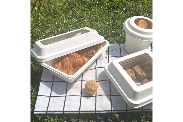 Croissants and cookies in molded fiber packaging on picnic blanket.