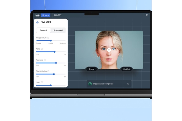 Image A womans face being scanned on a computer screen.