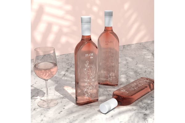 Image Two flat rose bottles and a wine glass in front of a pink background.