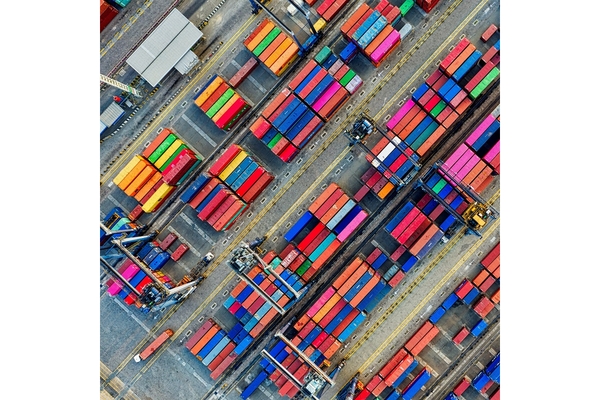 Image Aerial shot of shipping containers.