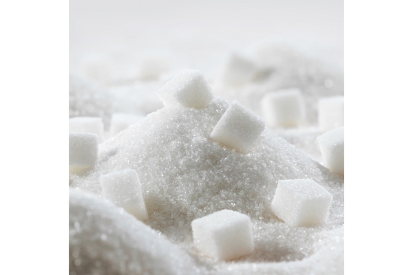 Image Sugar cubes on a pile of sugar.