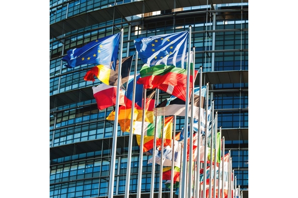 Image EU member states flags flying in front of the EU Headquarters.