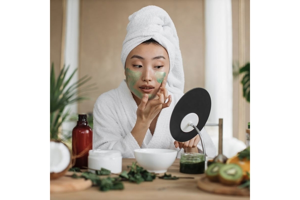 Woman applied face mask with plants on table