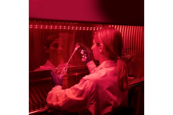 A female scientist working in a lab under red light.