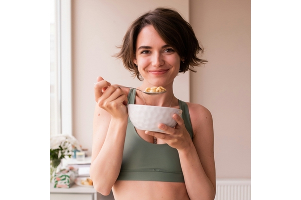 Woman with a bowl of cereal and milk