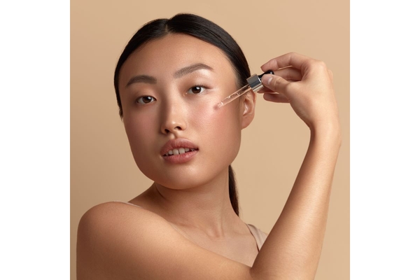 Image woman applying product to cheek using dropper