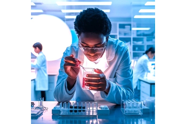 Image a male scientist looking into a glass beaker.